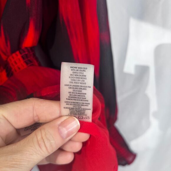 Calvin Klein Abstract Red Ruffle Vneck Peplum Waist Blouse Dressy Bold Size LG - Picture 8 of 10